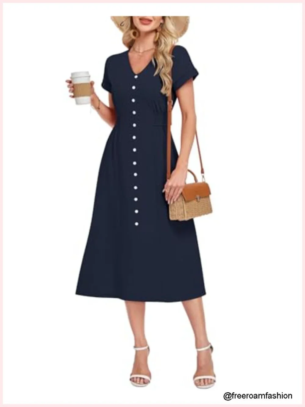 Women's Casual Midi Dress V Neck Short Sleeve Waffle Knit A Line Flowy with